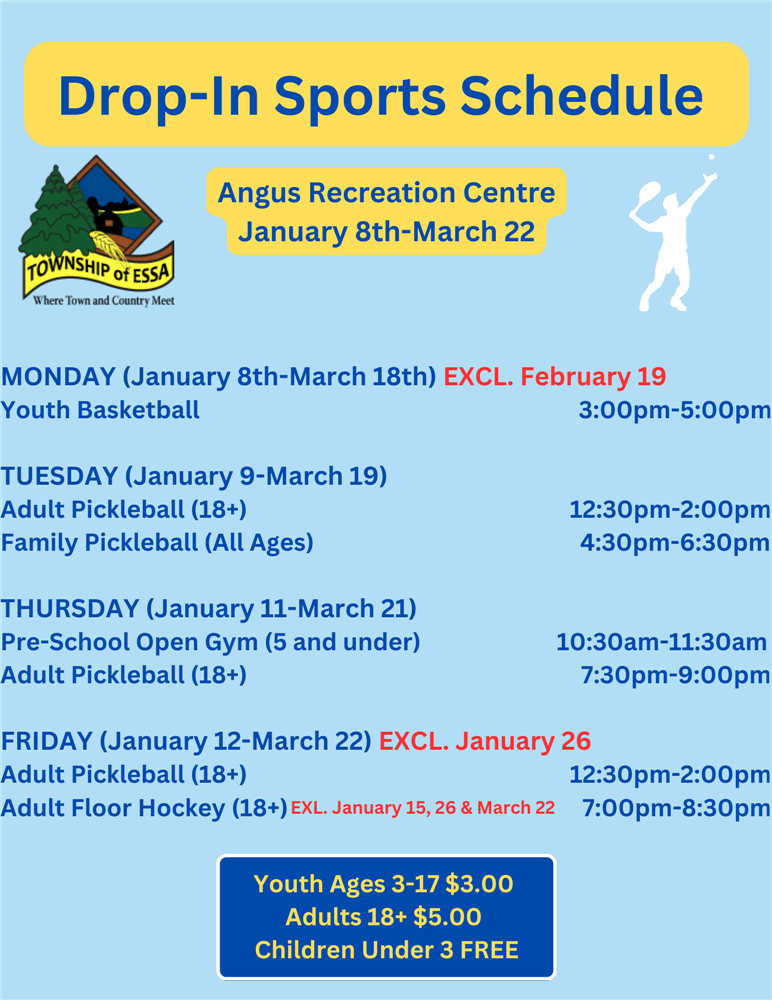 Drop In Sports Schedule - Jan 8 - March 22 2024